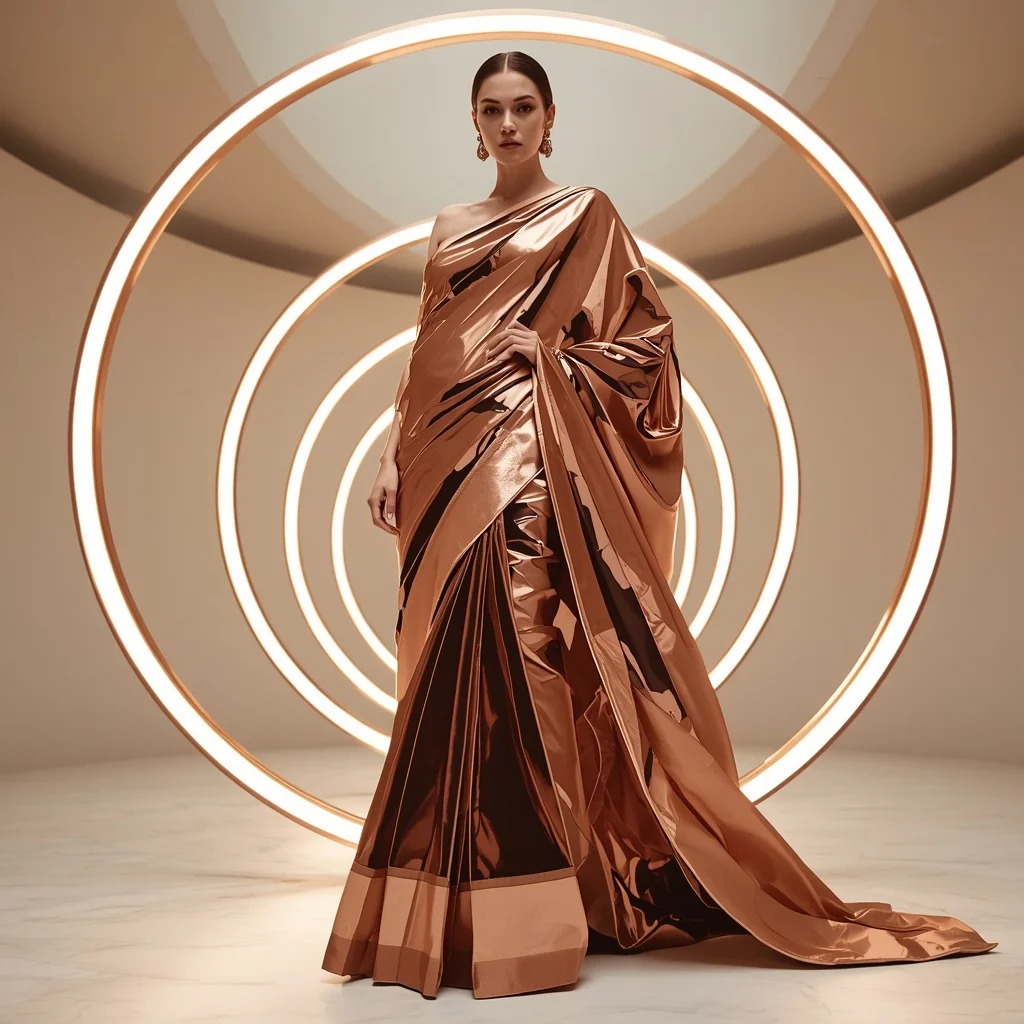 Molten Rose Gold and Geometric Mirror Saree with Circular LED Atrium | Prompt Seen Girl Photo Editing