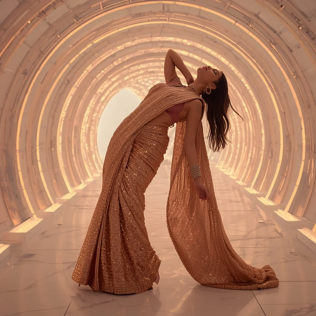 Molten Rose Gold Armor-Drape Saree with Infinity Prism Tunnel | Ai Image Generator Prompt