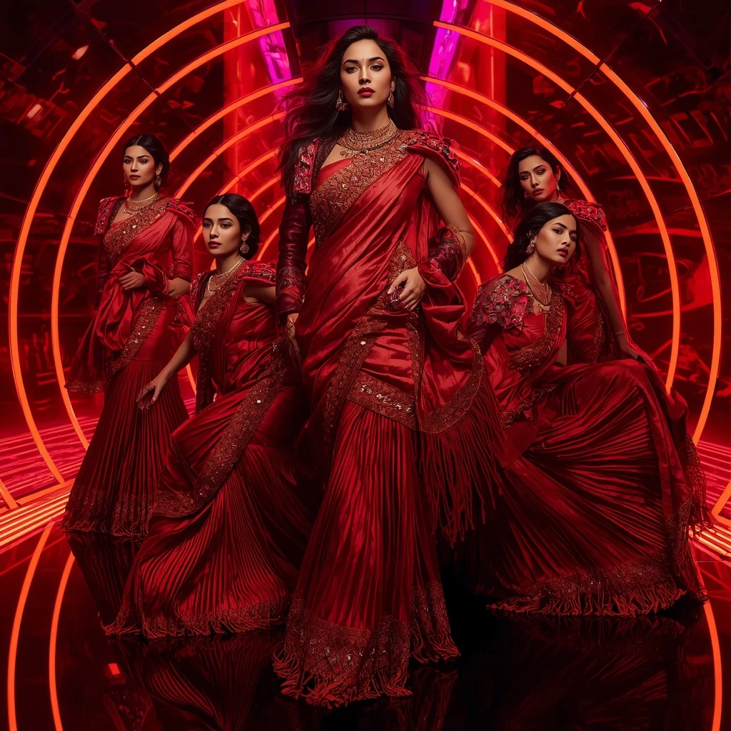 Molten Ruby Armor Saree with Multi Motion Editorial Frames and Laser Dome | Saree Girl Ai Prompt