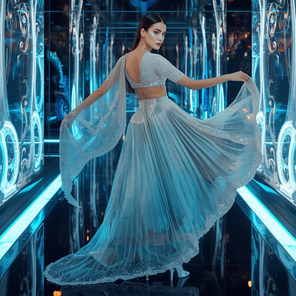 Moonlight Crystal Infinity Saree with Floating Neon Liquid Rivers | Prompt For Gemini AI Girl Model
