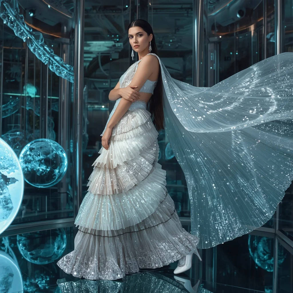 Moonlight Crystal Infinity Saree with Floating Neon Liquid Universes | Instagram Influencer Ai Prompt