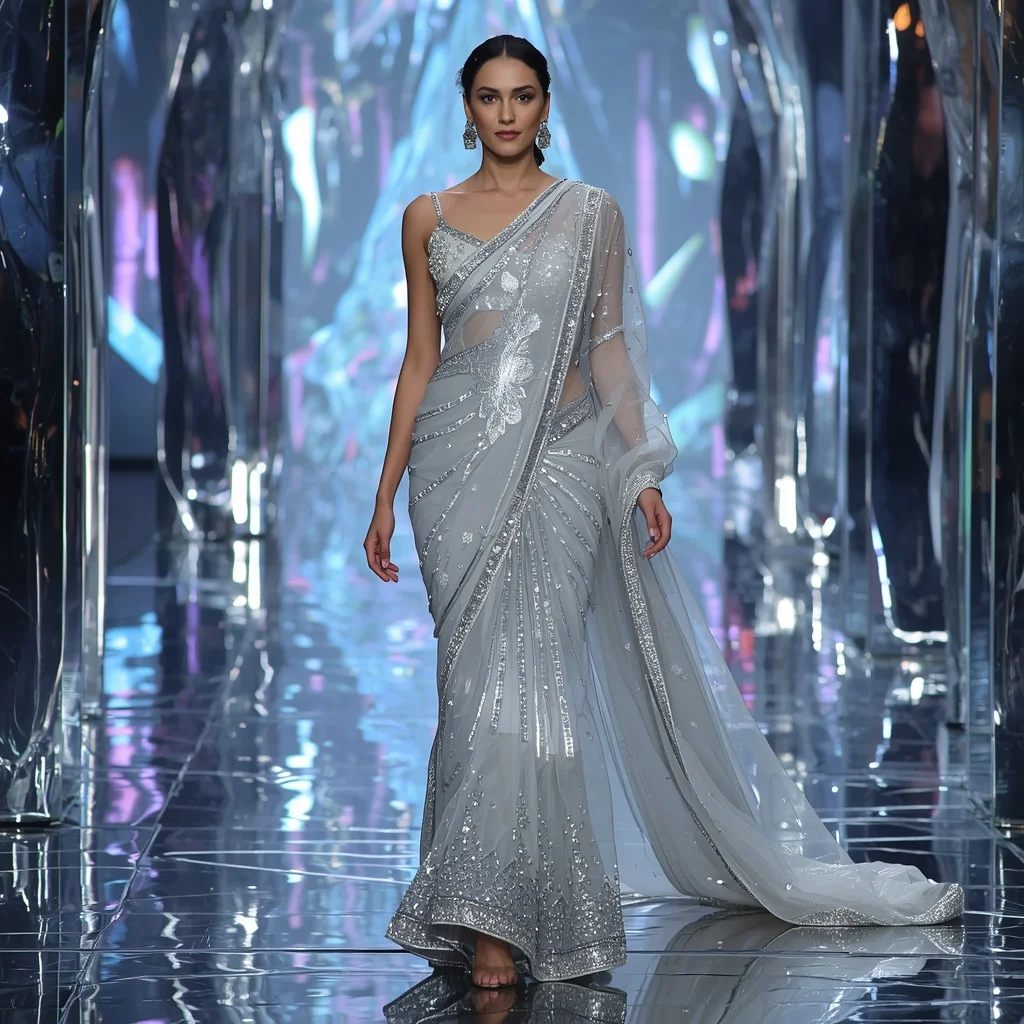 Moonstone Crystal Inferno Saree with Floating Neon Reflection Nexus | Photo Prompt