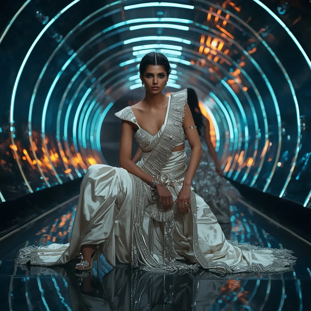 Moonstone Inferno Mirage Saree with Floating Laser Reflection Tunnel | Motivation Ai Prompt