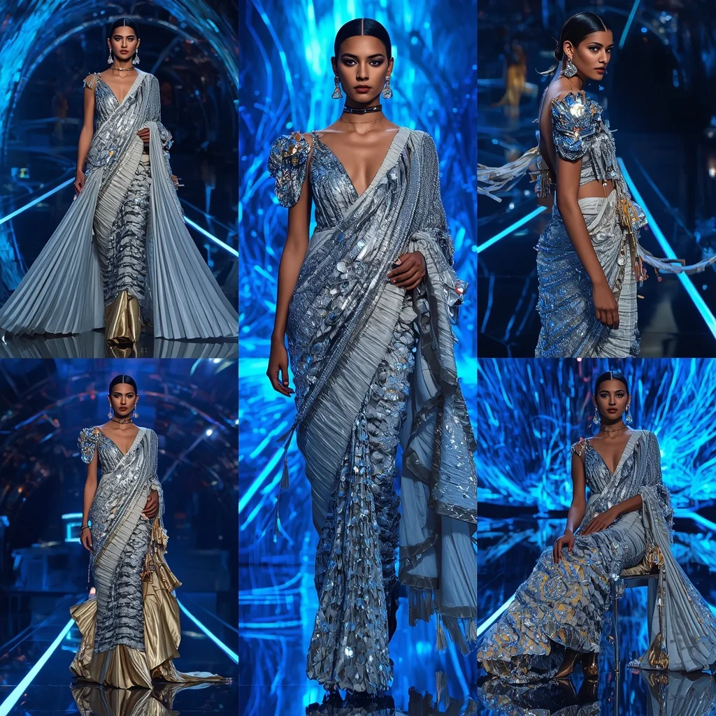 Moonstone Tiger Royale Saree with Floating Infinity Neon Crystal Arena | Korean Ai Prompt