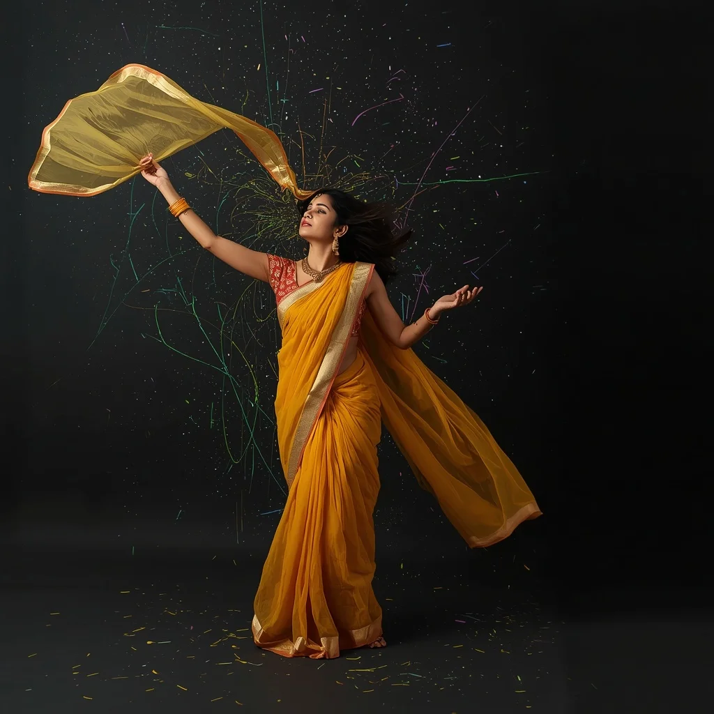 Mustard Tissue Silk Saree – Playful Fabric Catch with Abstract Neon Splatter | Trending Prompt Girls