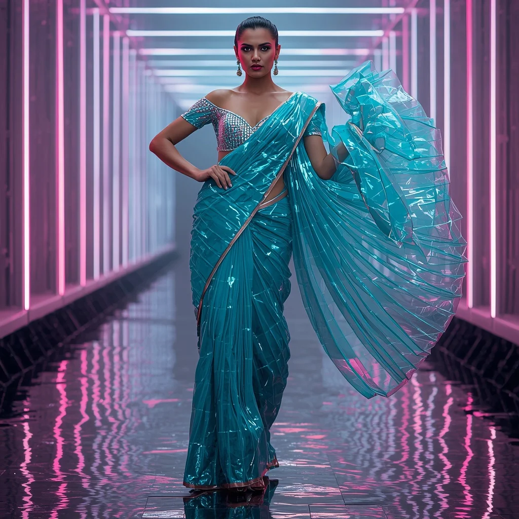 Neon Aqua Plasma Dominion Surge Saree – Futuristic Glam Saree with Power Grid Runway Pose and Plasma Dominion Tunnel Background | Female Model Ai Prompt