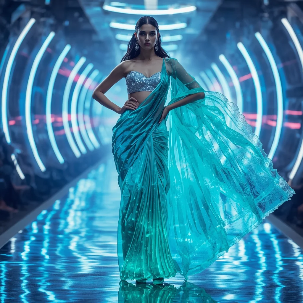 Neon Aqua Quantum Surge Saree – Futuristic Glam Saree with Energy Burst Runway Pose and Quantum Surge Tunnel Background | Woman Pose Ai Prompt