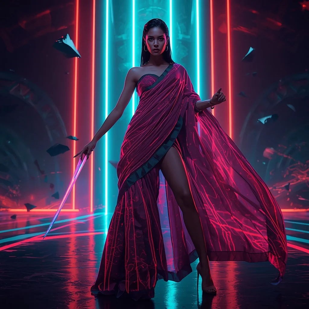 Neon Blade Silk Armor Saree with Cyber Rift Arena | Prompt Seen Girl Photo Editing Trending