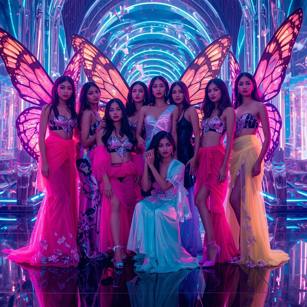 Neon Butterfly Cyber Queens with Futuristic Laser Kingdom Background | Saree Ai Prompt