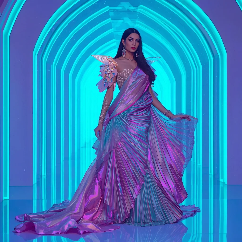 Neon Celestial Wave Saree – Ultra Futuristic Festival Saree with Celestial Editorial Pose and Cosmic Wave Palace Background | Prompt For Gemini Ai Girl In Saree 2026 Download