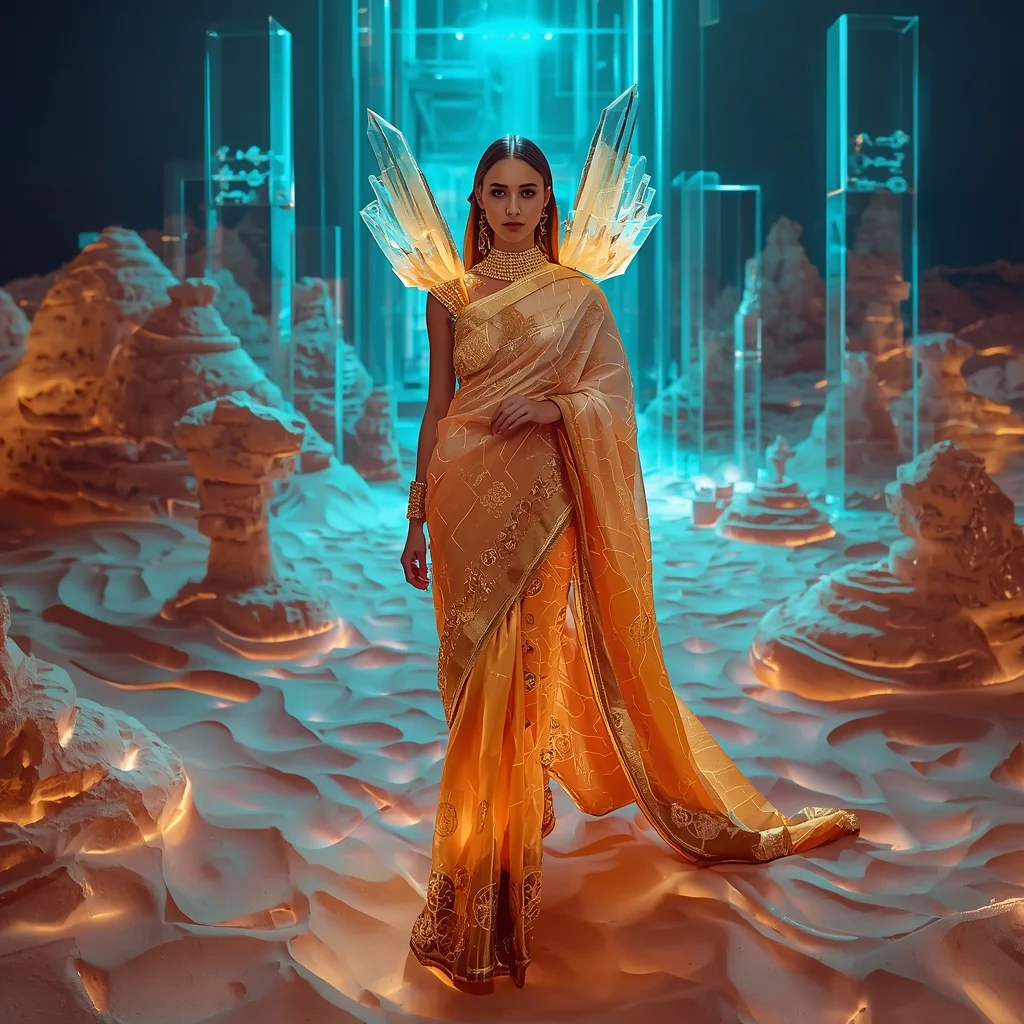 Neon Crystal Desert Mirage Saree with Floating Sand Geometry | Ai Video Generator Prompt