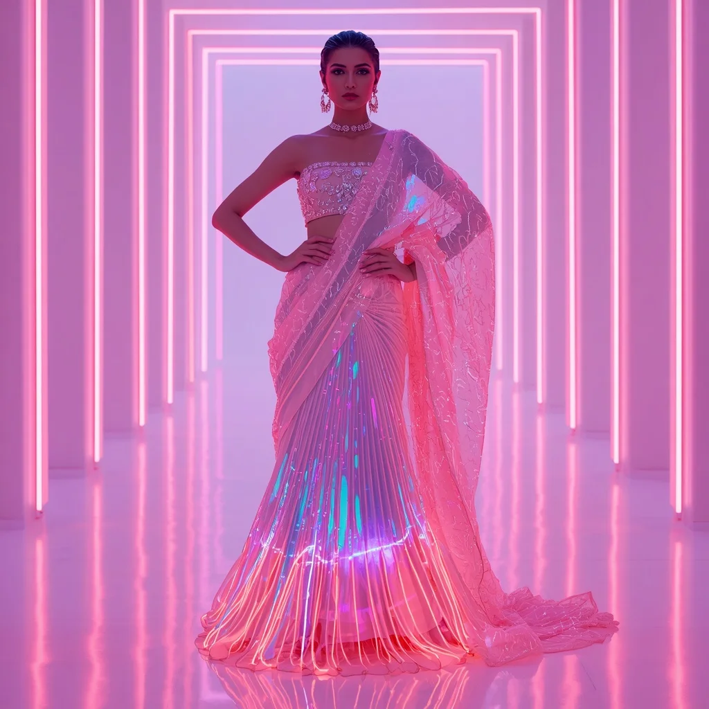 Neon Crystal Rift Pulse Saree – Futuristic Glam Saree with Bold Editorial Pose and Rift Pulse Hall Background | Prompt For Traditional Look For Girl Chatgpt Instagram