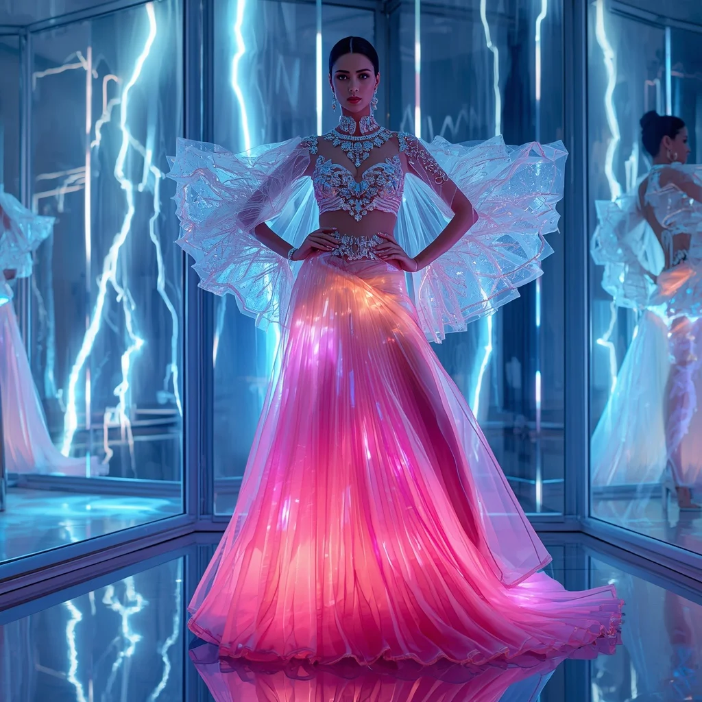 Neon Crystal Riftpulse Storm Saree – Futuristic Glam Saree with Bold Editorial Pose and Riftpulse Storm Hall Background | Best Prompt For Traditional Look For Girl Chatgpt