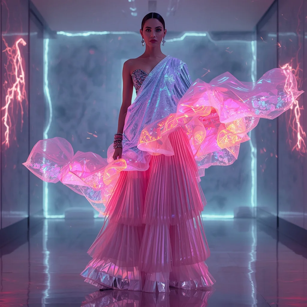 Neon Crystal Riftstorm Pulse Saree – Futuristic Glam Saree with Bold Editorial Pose and Riftstorm Pulse Hall Background | Art Ai Prompt