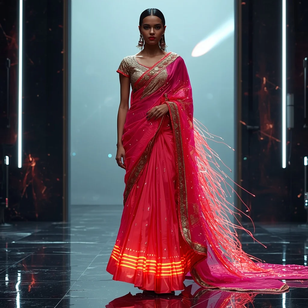Neon Fire Meteor Rift Pulse Saree – Futuristic Festival Saree with Dynamic Walk Pose and Meteor Rift Pulse Chamber Background | Flux Ai Prompt