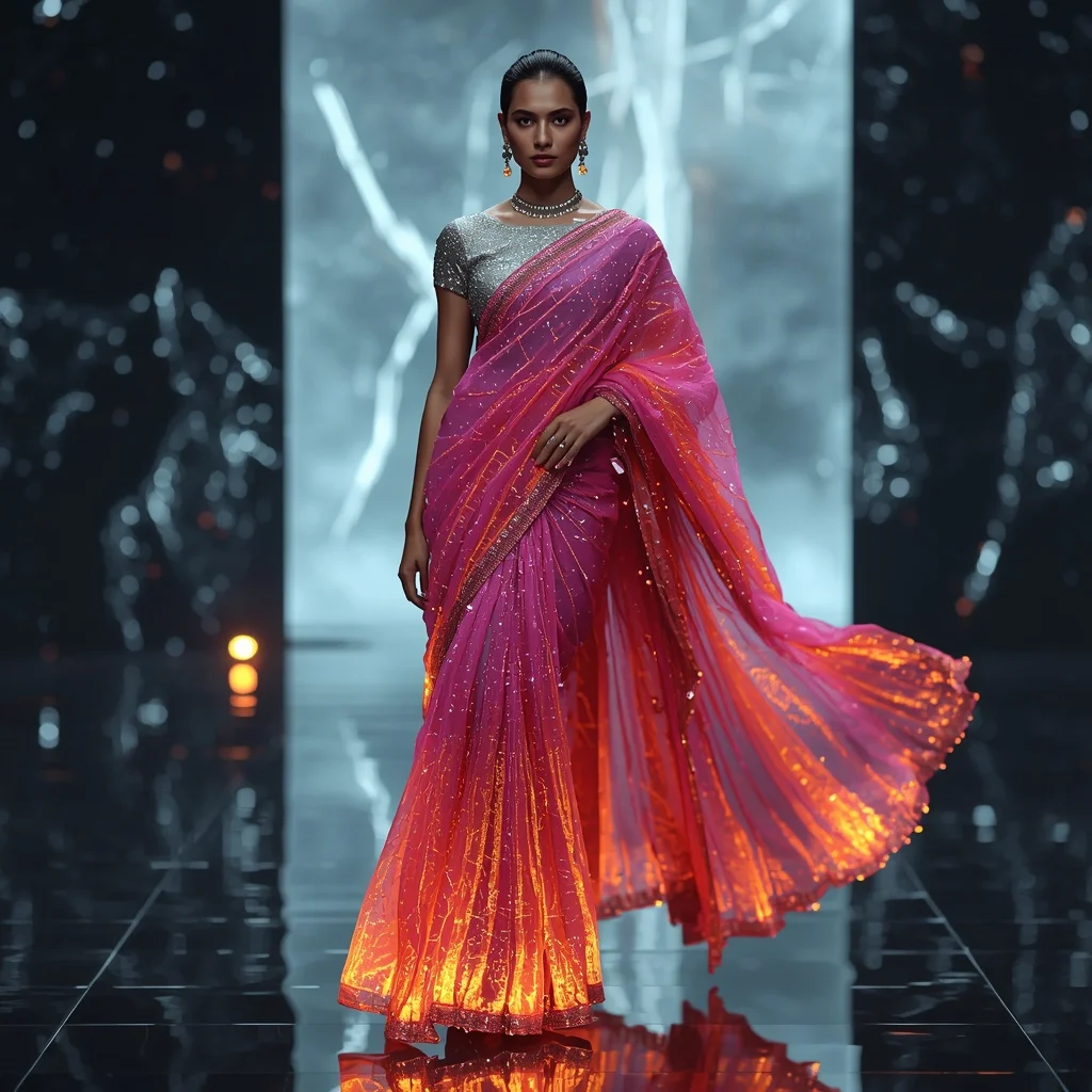 Neon Fire Meteor Rift Saree – Futuristic Festival Saree with Dynamic Walk Pose and Meteor Rift Chamber Background | Gemini Photo Prompt