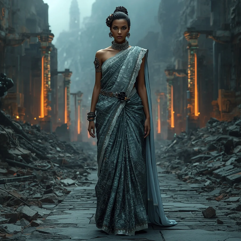Neon Fossil Core Saree with Ancient Machine Ruin City | Prompt For Gemini AI Girl Style Trending Instagram
