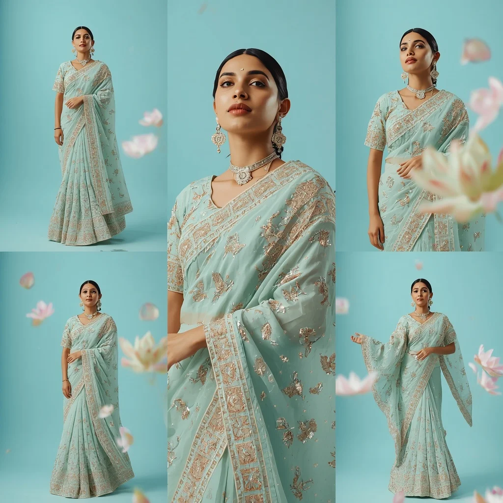 Neon Glowing Lotuses Heavy Festive Saree Look Premium | 3d Animation Ai Prompt