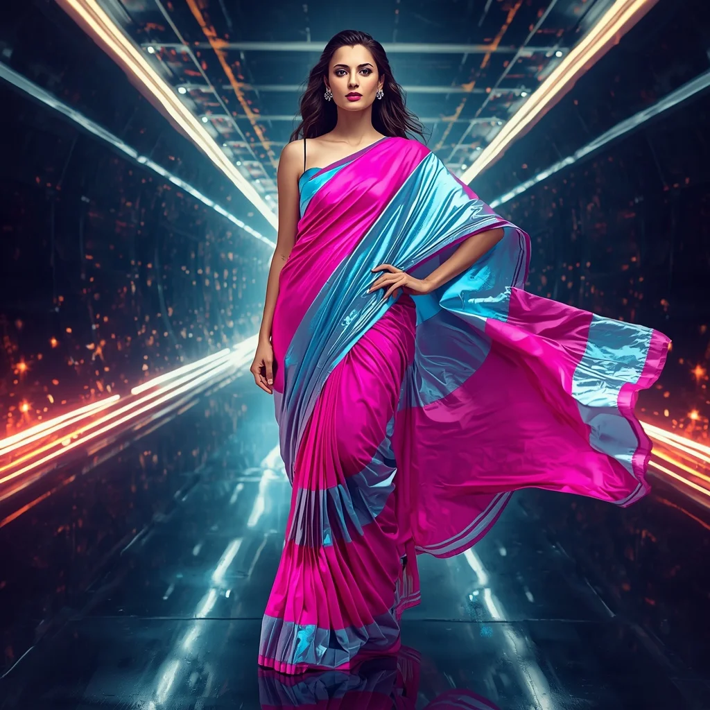 Neon Gravity Fabric Saree with Floating Vector Tunnel | Prompt Chatgpt