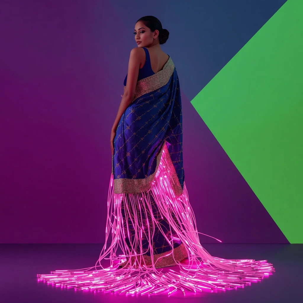 Neon Luminescence Cyber-Fusion Heavy Zardozi Saree Pose | Chatgpt Photo Editing Styles For Girl