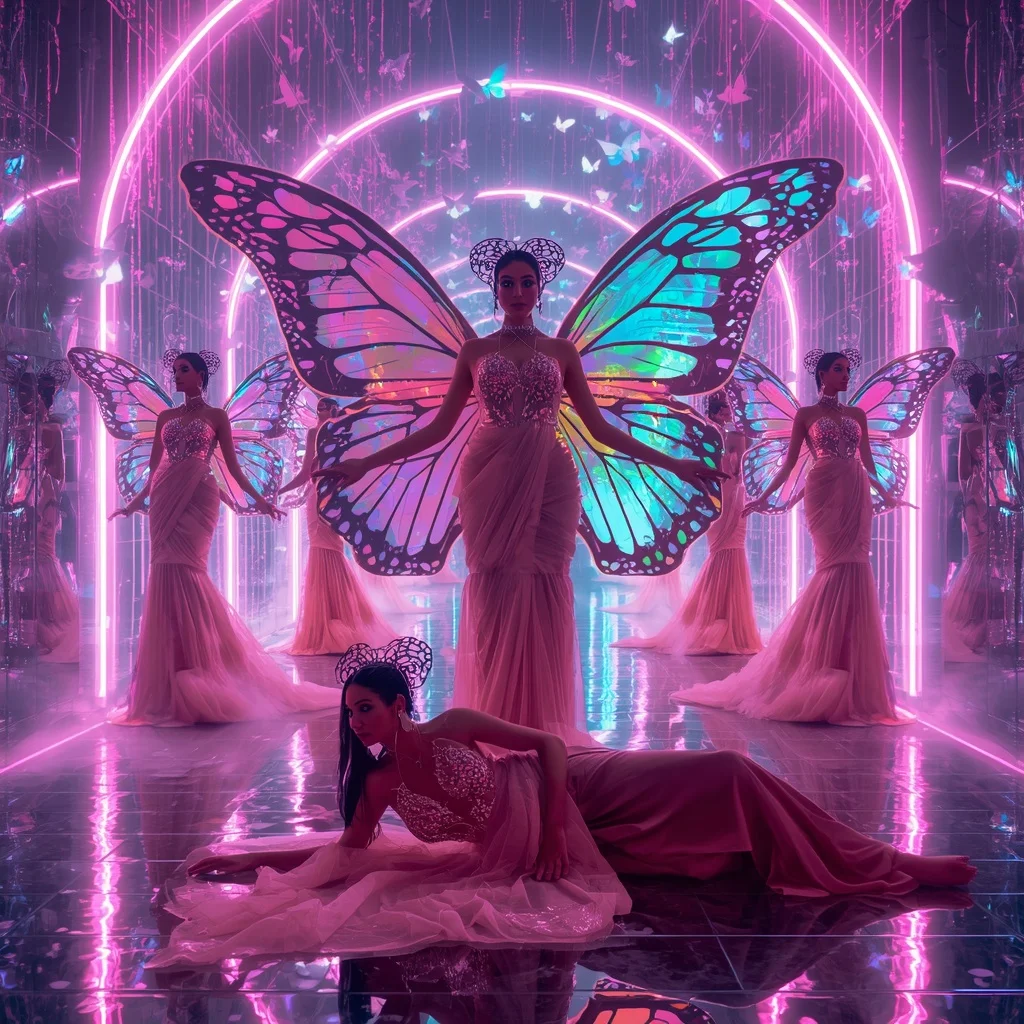 Neon Prism Butterfly Saree with Multi Pose Cyber Fantasy Background | Gemini Ai Prompt