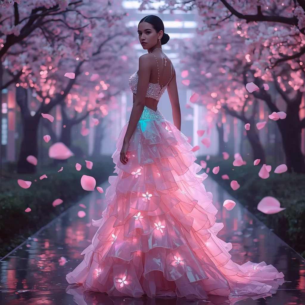 Neon Sakura Cyber Bloom Saree with Digital Petal Storm | Hd Image Prompt