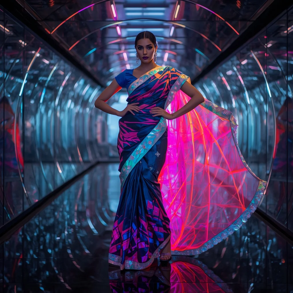 Neon Smoke Orbit Saree – Futuristic Celebrity Saree with Fashion Walk Pose and Orbit Reflection Tunnel Background | Prompt Seen Trending Girl
