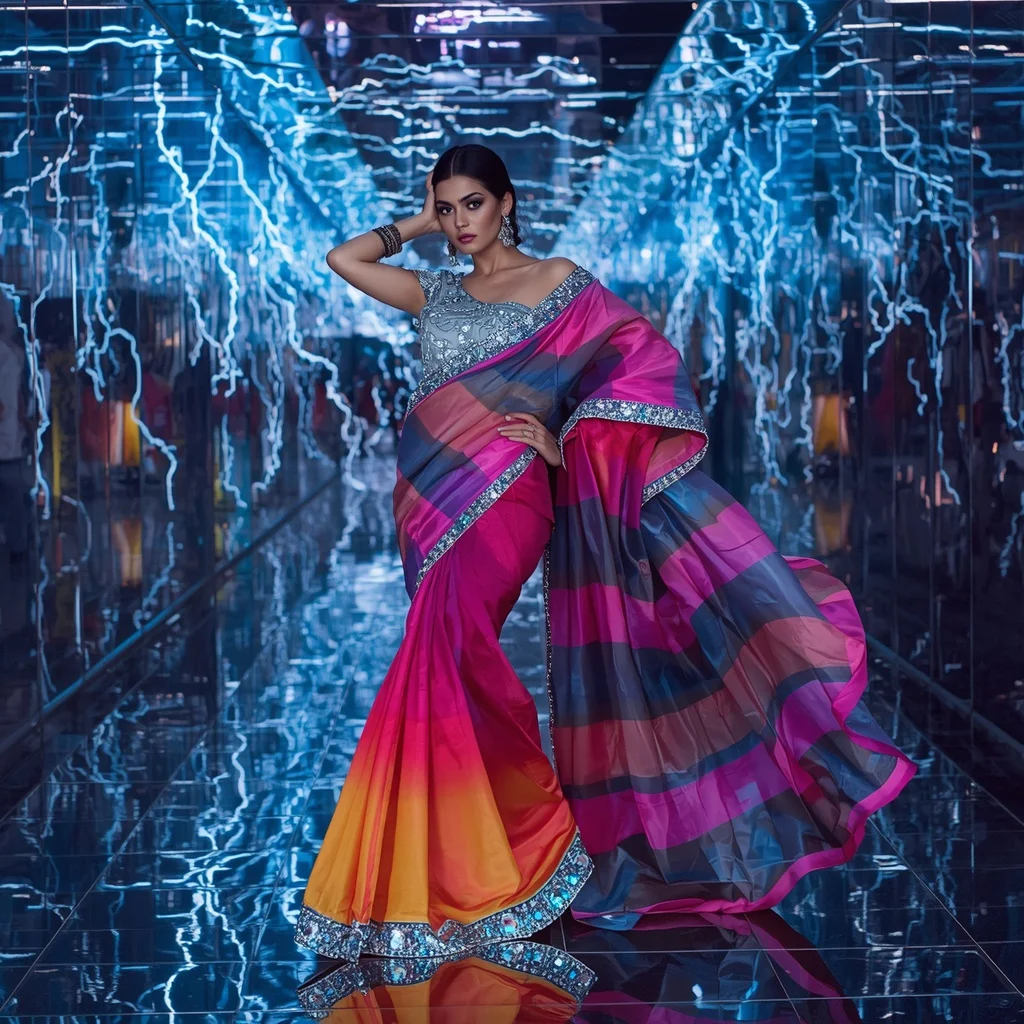 Neon Smoke Thunder Saree – Futuristic Celebrity Saree with Fashion Walk Pose and Thunder Reflection Tunnel Background | Editing Prompt Girl Aesthetic