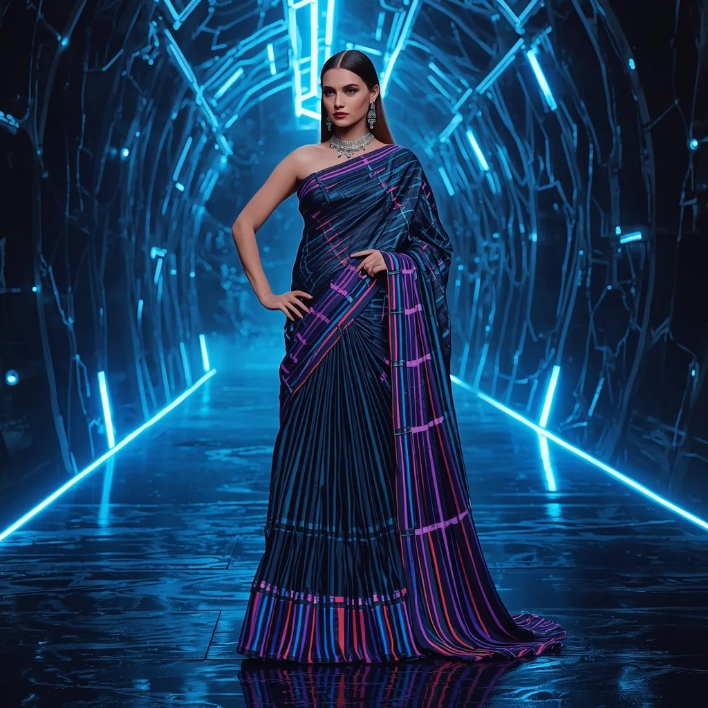 Neon Spine Fabric Saree with Electric Rift Corridor | New Instagram Trend Prompt For Girl Copy And Paste