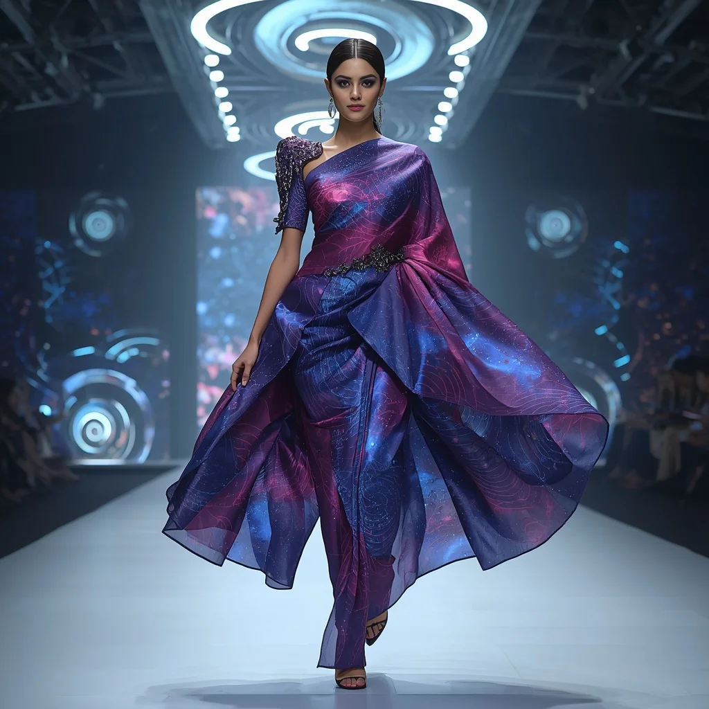 Neon Spiral Galaxy Saree with Rotating Space Architecture | Instagram Highlight Cover Ai Prompt