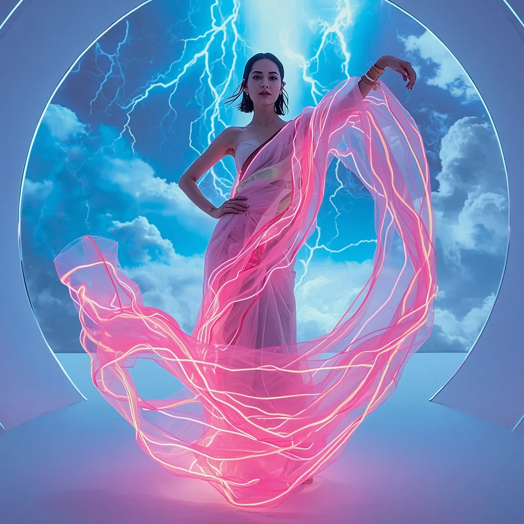 Neon Storm Ribbon Saree with Electric Sky Cyclone | 3d Animation Ai Prompt