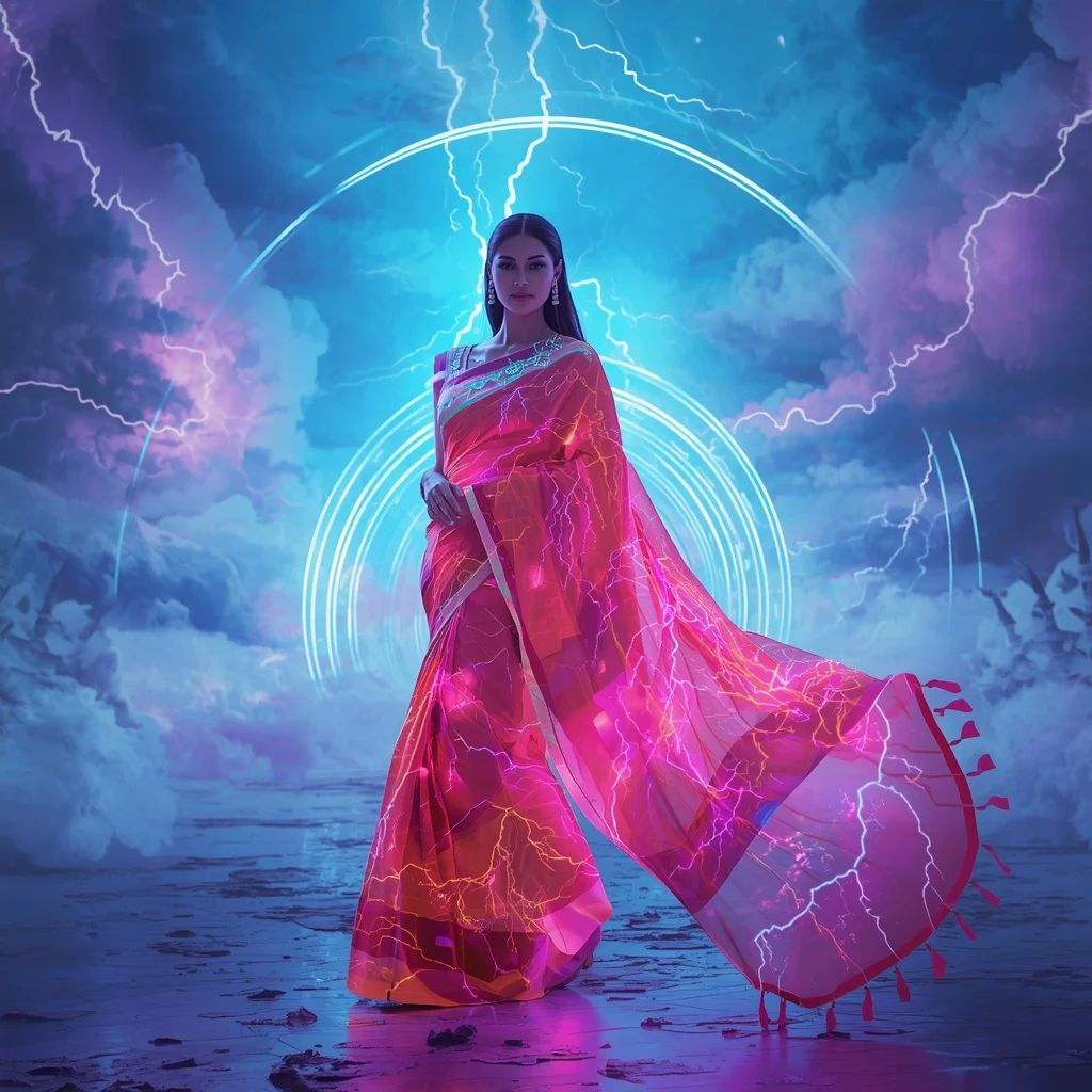 Neon Storm Silk Saree with Electric Sky Corridor | Ai Image Prompt