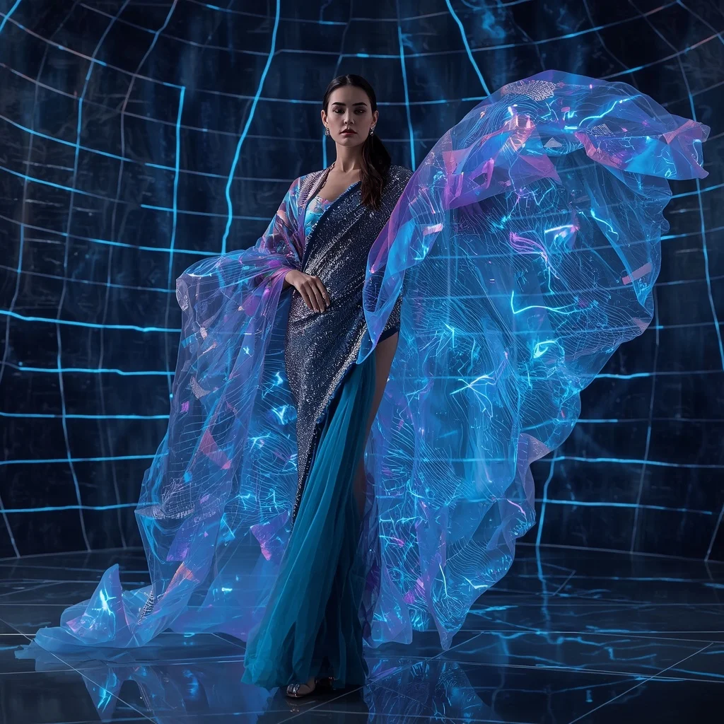 Neural Silk Storm Saree with Digital Weather Grid | Gemini Ai Prompt