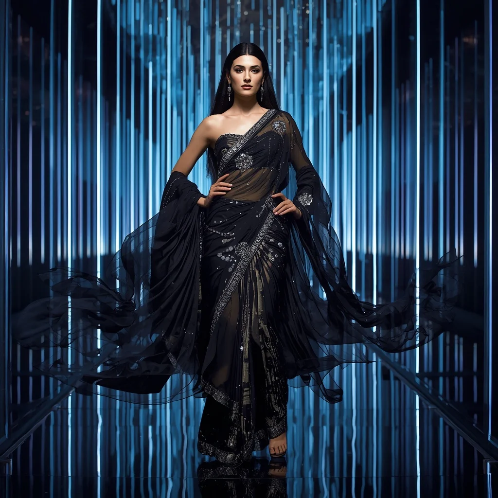 Obsidian Crystal Flame Saree with Digital Reflection Infinity Chamber | Attitude Ai Prompt