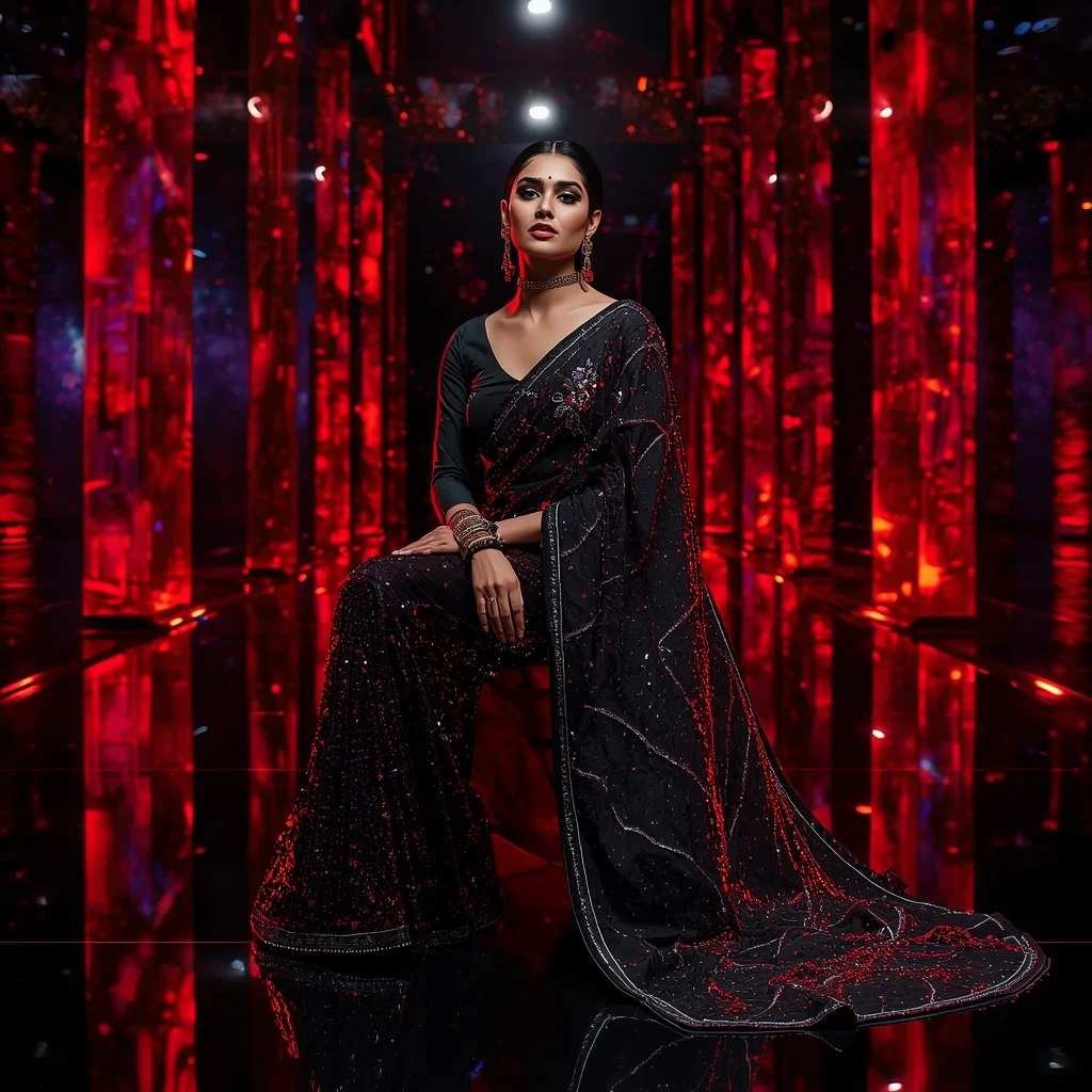 Obsidian Flame Eclipse Saree with Floating Prism Reflection Galaxy Infinity Hall | Prompt Image