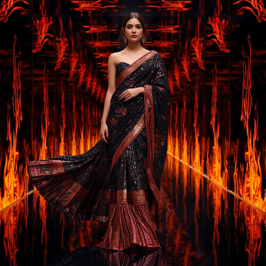 Obsidian Flame Metallic Saree with Infinite Mirror Corridor | Festival Prompt