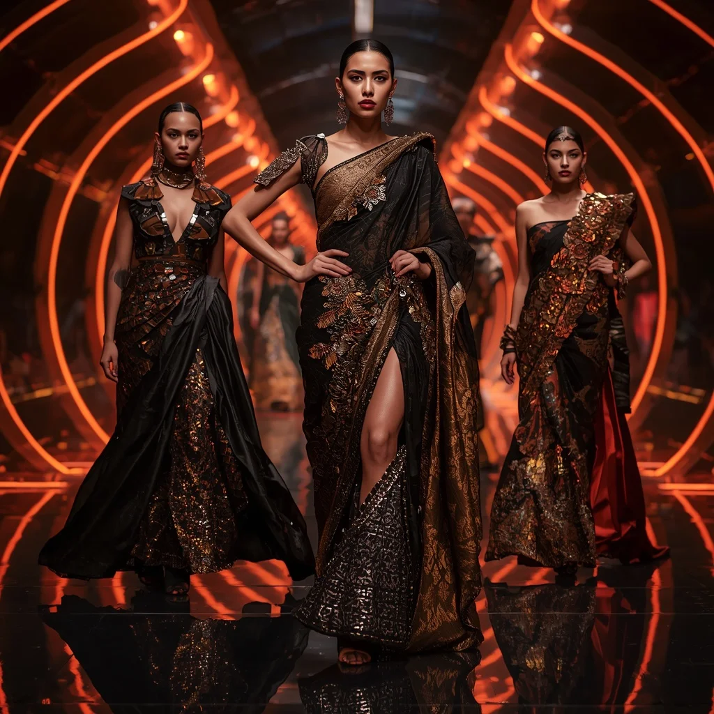Obsidian Flame Saree with Dynamic Multi Pose Composition and Infinity Curves | Saree Prompt Generator