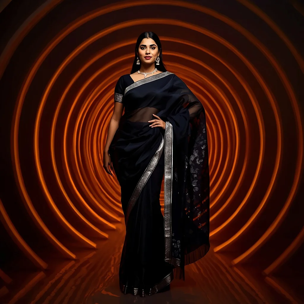 Obsidian Glass-Tissue Saree – Hand-on-Hip Gaze with Amber LED Rings | Fitness Model Ai Prompt