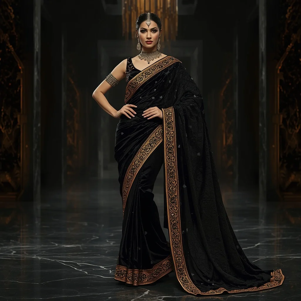 Obsidian Gold Black Void Inferno Saree – Dark Luxury Saree with Bold Pose and Void Inferno Hall Background | Attitude Ai Prompt
