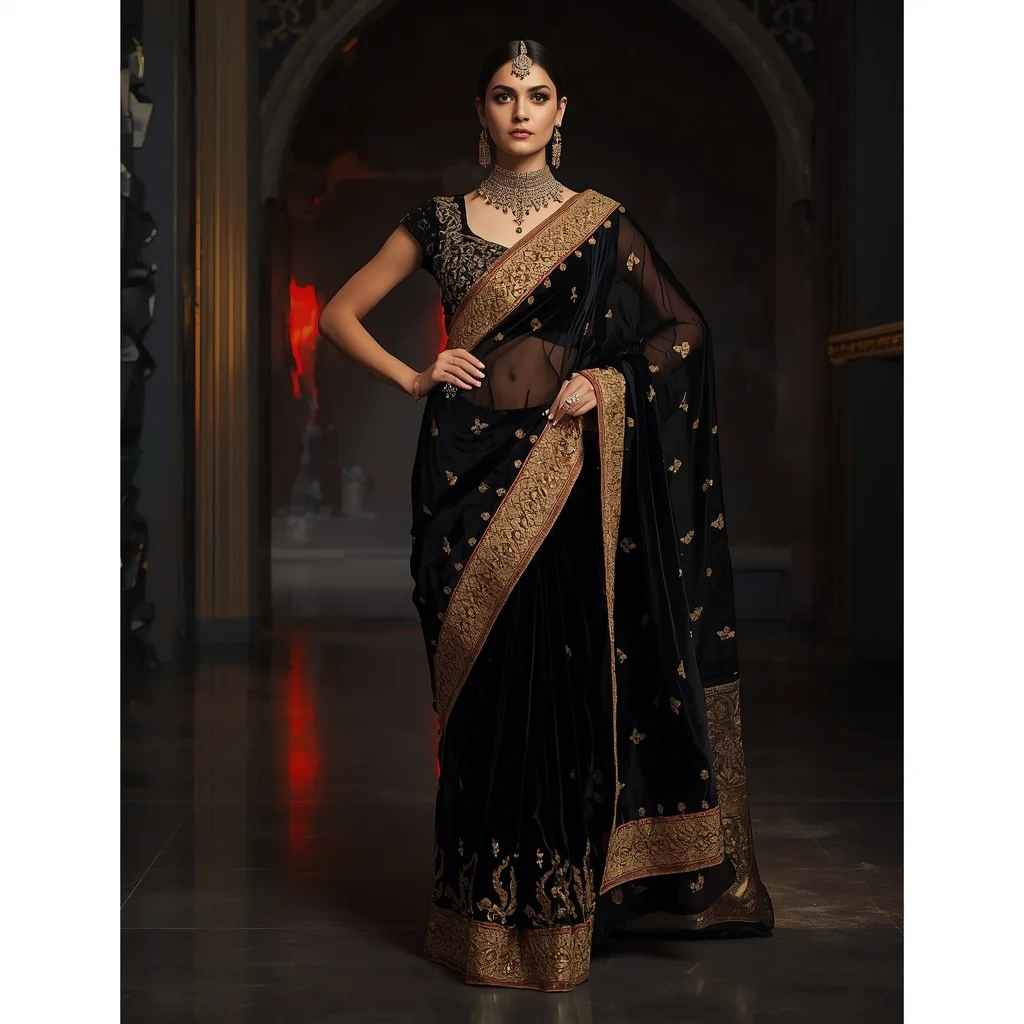 Obsidian Gold Voidflare Eclipse Saree – Dark Luxury Saree with Bold Pose and Voidflare Eclipse Hall Background | Prompt For Traditional Look For Girl Chatgpt Instagram