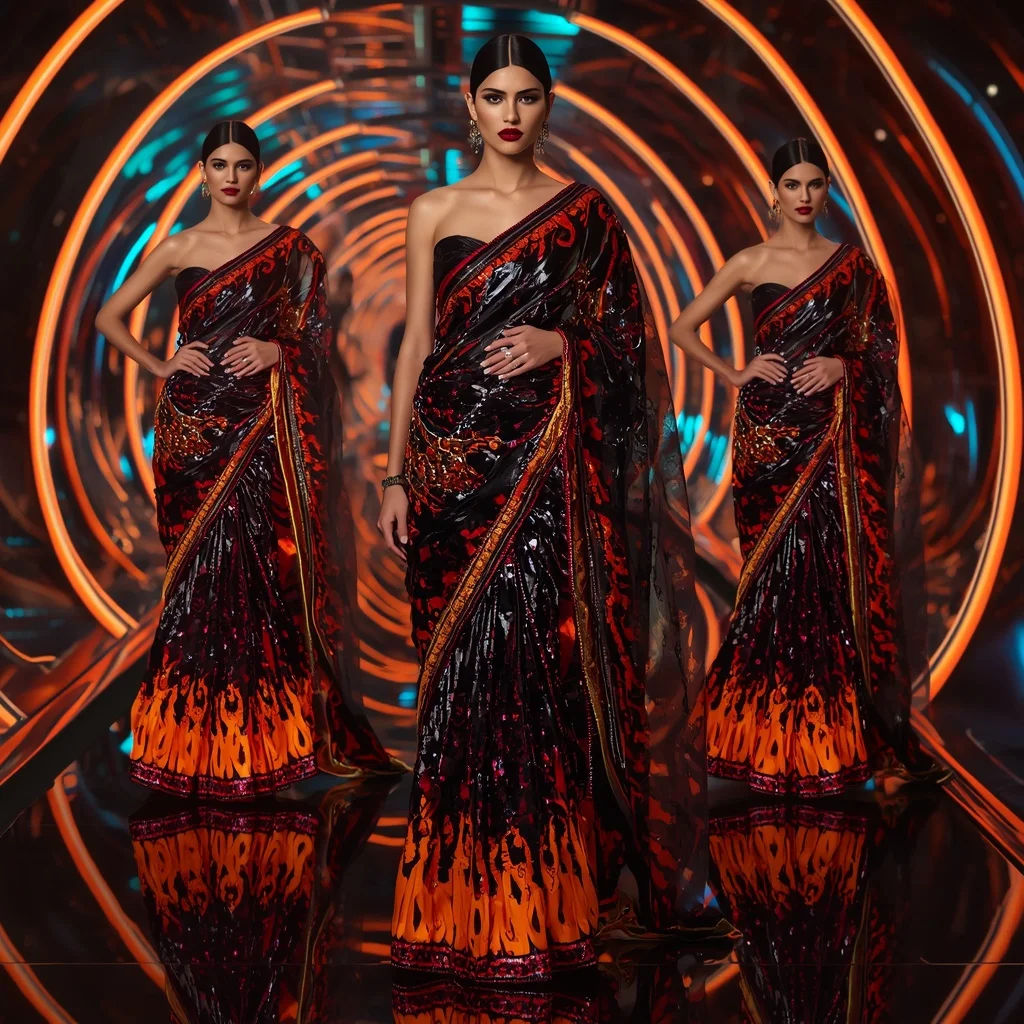 Obsidian Inferno Metallic Saree with Curved Neon Runway | Saree Prompt Generator