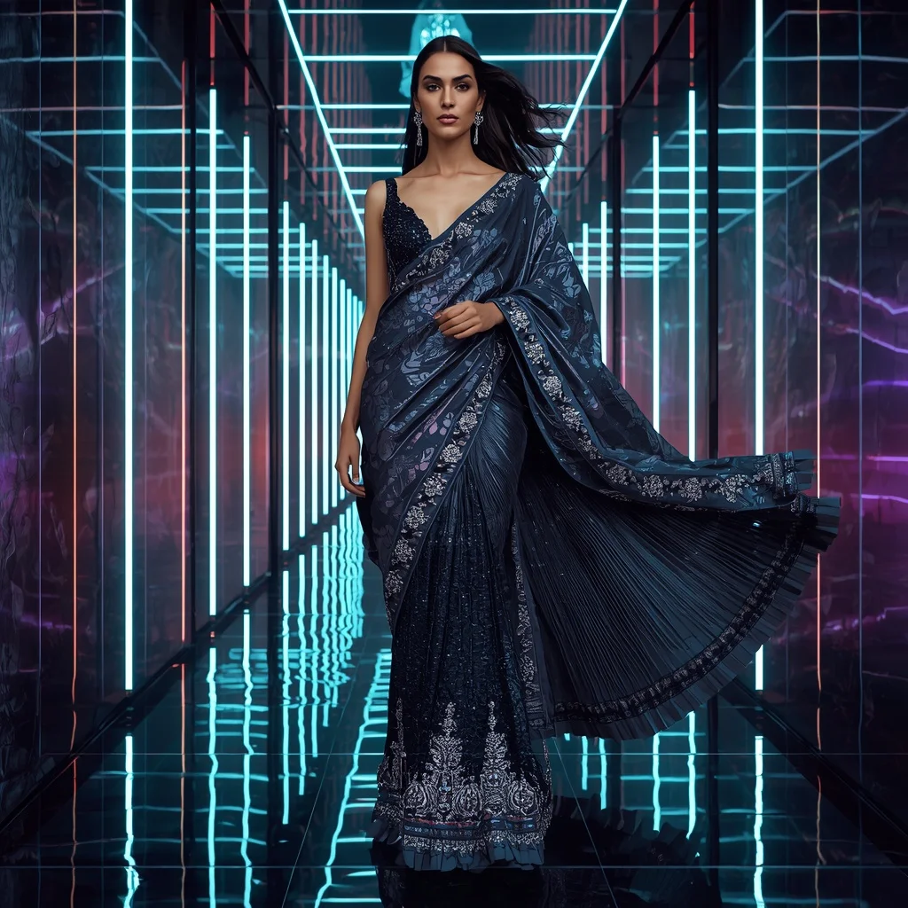 Obsidian Jewel Saree with Floating Laser Neon Hallways | Luxury Ai Prompt