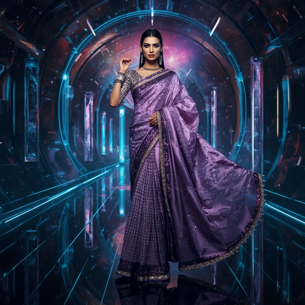 Obsidian Lavender Eclipse Hyperqueen Saree with Eclipse Aurora Eternal Omniverse Prime | Travel Ai Prompt