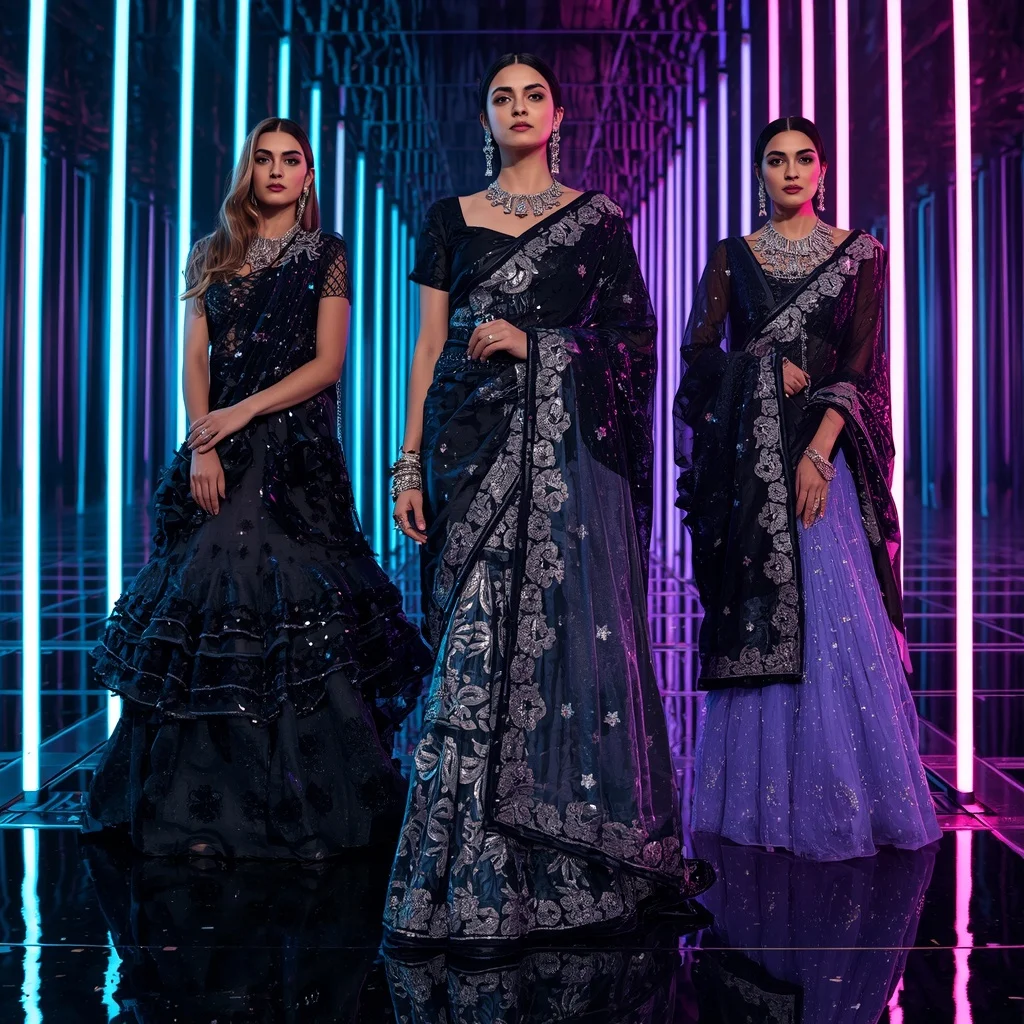 Obsidian Moon Prism Saree with Neon Reflection Kingdom | Prompt For Gemini Saree