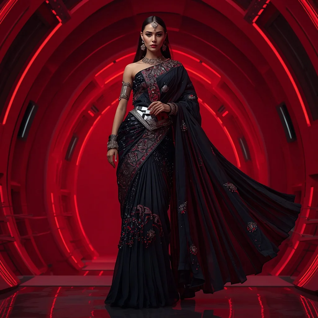 Obsidian Panther Royale Saree with Crimson Hypervault Citadel | ChatGPT Photo Editing Prompts Trending Instagram For Girl