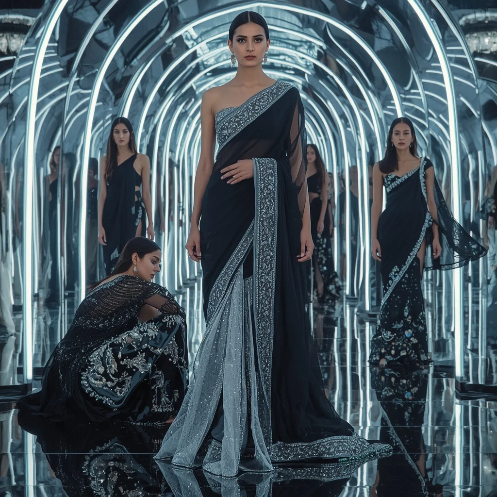 Obsidian Prism Thunder Saree with Curved Mirror Infinity Fortress | Prompt Seen Girls AI Photo Editing
