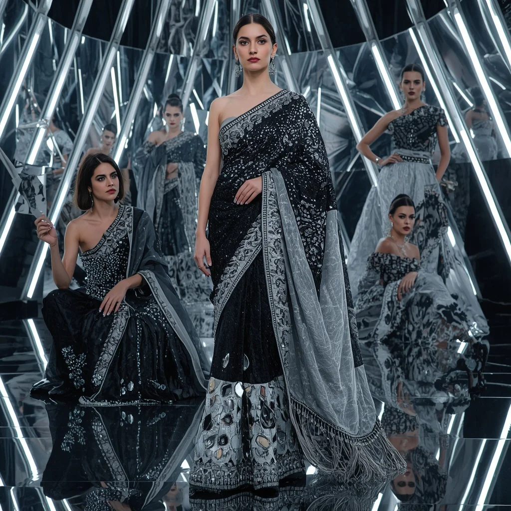 Obsidian Prism Thunder Saree with Curved Mirror Infinity Orbit Palace | Prompt For Gemini AI Girl Style Trending Indian