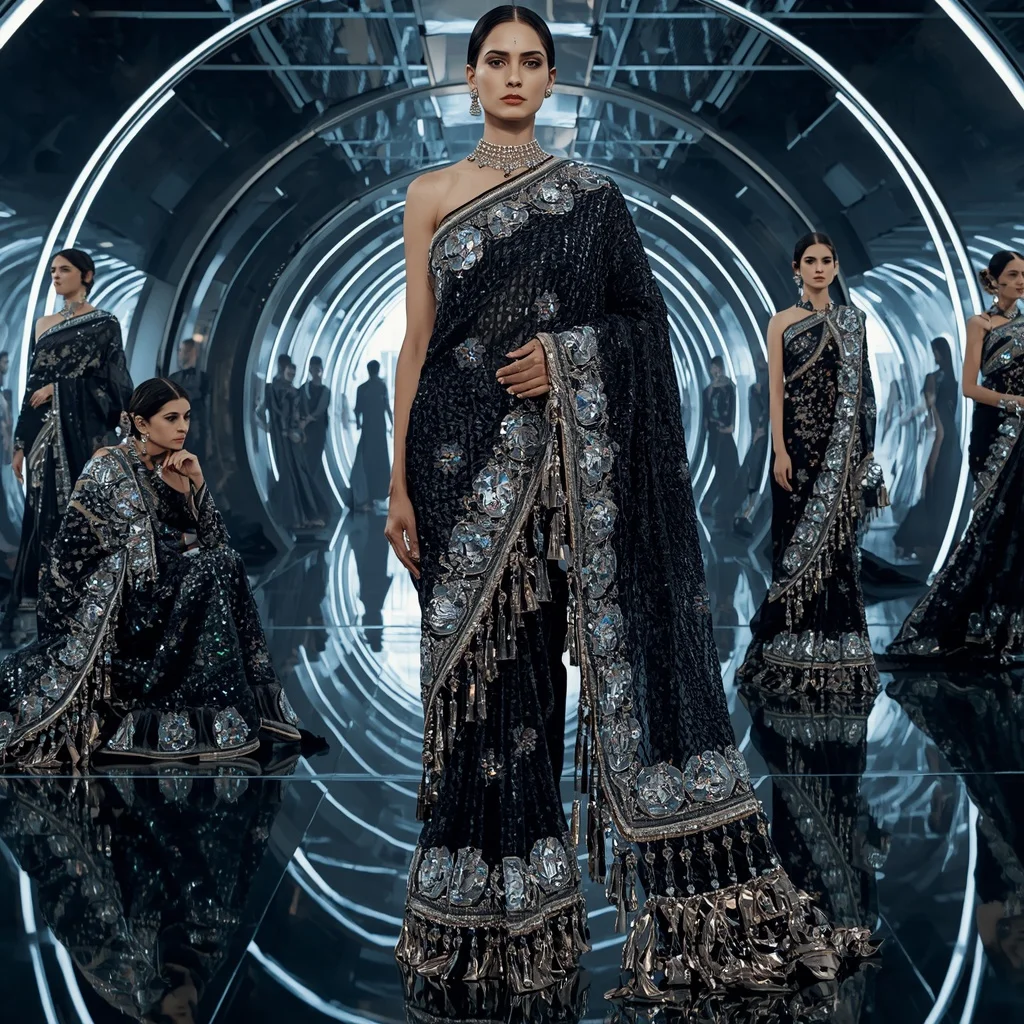 Obsidian Prism Thunder Saree with Curved Mirror Infinity Temple | Selfie Prompt