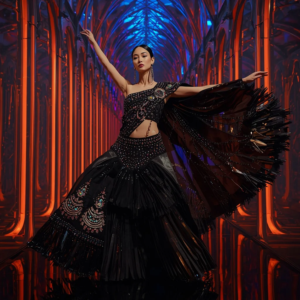 Obsidian Prism Thunder Saree with RGB Infinity Cathedral | Image To Prompt