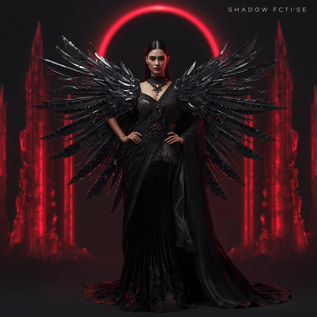 Obsidian Raven Warrior Saree with Crimson Crystal Towers and Shadow Eclipse Citadel | Instagram Profile Pic Ai Prompt